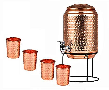 Hammered Water Dispenser Storage Tank with Tap and Set of 4 Copper Glass | Water Pot | Copper Water Storage Tank | 5 LTR Capacity