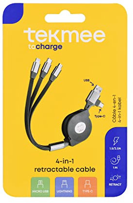 TEKMEE - Cable 3-en-1 avec Connecteurs i Phone, Smartphone, Galaxy S20 S10 S9, Huawei, Câble Universel, Multi Chargeur USB, Type-C et Micro USB vers USB, USB-C, Format Porte Clé