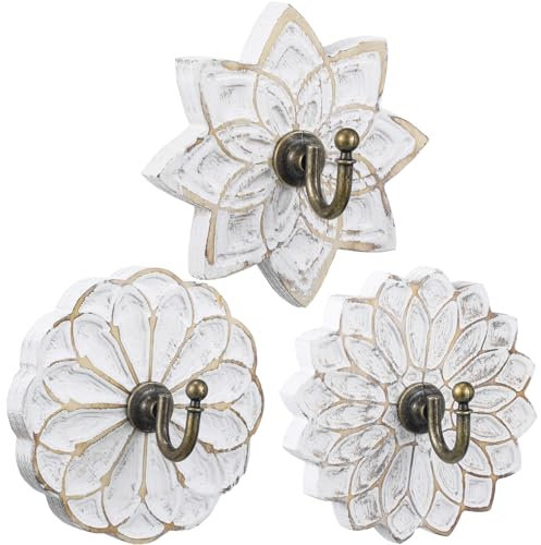 Weysat Dekorative Holz-Kleiderhaken im Landhausstil, Vintage-Stil, Mandala-Wandhaken mit Schrauben, weiße Dekoration für Schlüsselhandtuch (Retro), 3 Stück