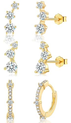 MASOP 3 Paar Ohrringe Gold Set für Mehrere Ohrlöcher Ohrringe Vergoldet & Silber 925 Stecker AAA Zirkonia Goldene Ohrstecker Set für Frauen Damen Mädchen