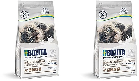 BOZITA Indoor & Sterilised Getreidefrei mit Rentier - Trockenfutter für Erwachsene hauptsächlich drinnen lebende Katzen, 0.4 kg (Packung mit 2)