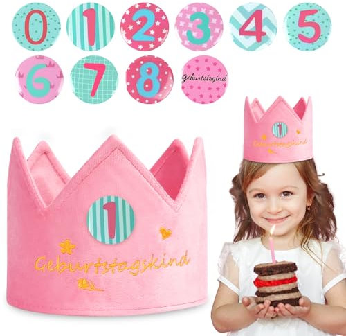 URAQT Geburtstagskrone, Krone Geburtstag aus Plüsch mit Button Zahlen Auswechselbare von 0-9, Geburtstagskrone Mädchen Jungen, Geburtstag Krone Kinder Partyhüte für Kindergeburtstag Party Deko(Rosa)