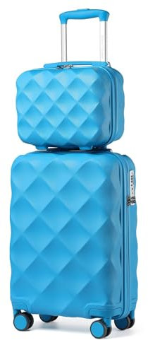 British Traveller Set de 2 Valise Cabine+Vanity Case Rigide, Valise Rigide Ultra Légère, Valise de Voyage avec roulettes 4x360 degrés et Serrure TSA (Bleu Cyan)