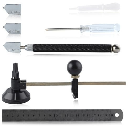 LEONTOOL Set di 7 utensili per tagliare il vetro, include un tagliavetro circolare regolabile da 2 a 20 mm, punta in carburo con 3 lame bonus, cacciavite, righello, contagocce olio, per piastrelle a