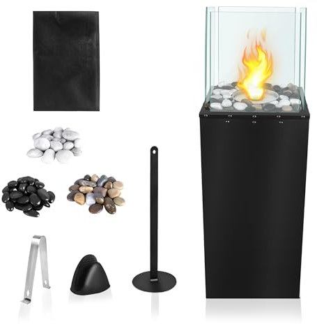 YUENFONG Bio Etanol Chimenea de Columna, Chimenea de Suelo Portátil con Tres Tipos de Piedra, para Uso Interior y Exterior en Balcón, Cuadrada.