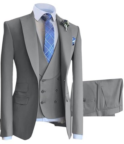 Slim Fit Zweireiher Anzug für Männer Peak Lapel Business 3 Stück Anzug Set Formal Hochzeit Prom Blazer Weste Hose (Grau1,L)