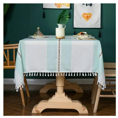Tischdecke Modern Baumwolle Leinen, Tischdecke 140x200CM Tischdecke Abwaschbar Stoff DREI Streifen mit Quasten Tischdecken für Gartentisch, Hellgrün