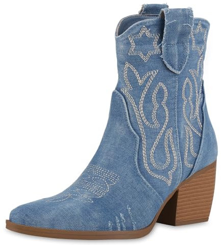 VAN HILL Damen Cowboy Boots Trichterabsatz Denim Trendy Schuhe 214550 Hellblau Denim 38