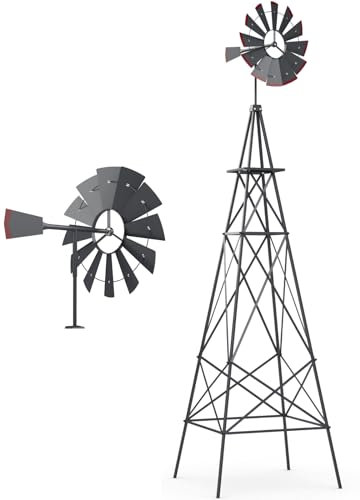 GiantexUK Garden Metal Windmill, 8FT Ornamental Wind Mill, Garden Decoration Weather Vane for Farm, Backyard and Patio (Dark Grey, More X-braces)