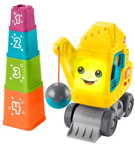 Fisher-Price Lernspielzeug für Babys und Kleinkinder Zählen & Stapeln Kran mit Blöcken, Lichtern, Musik und Geräuschen für Babys ab 9 Monaten, mehrsprachige Version, HWY66