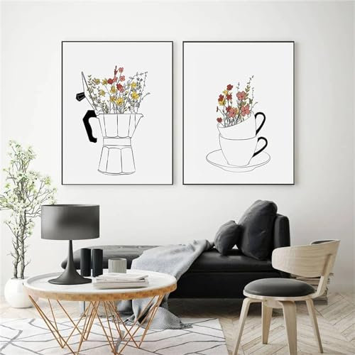 Herfair 2 Stück Poster Set, Modern Küchen Bilder Wandbilder, Kaffee Bar Wanddeko für Küche, Leinwand Küchenbilder Esszimmer Dekor Wandbilder, Ohne Rahmen (50x70cm)