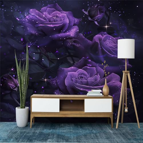 Fototapete Rose Blumen Lila Tapeten, 350 x 256 cm (WxH) Tapete Schwarz Fototapeten Vlies Tapeten Wandtapete Moderne Wand Schlafzimmer Wohnzimmer 02