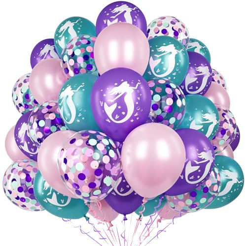 60 Pezzi Palloncini Sirena, 12 Pollici Palloncini Viola Rosa e Turchese con Palloncini Stampa Sirena Palloncini Coriandoli per Compleanno Feste Principessa Ragazza Tema Sirena Sottomarino Decorazione