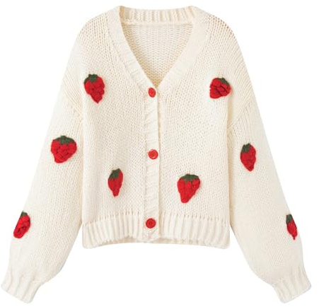 Xunger Pull mignon en tricot fraise pour femme - Cardigan Kawaii esthétique pour adolescentes - Uniforme scolaire floral Y2K