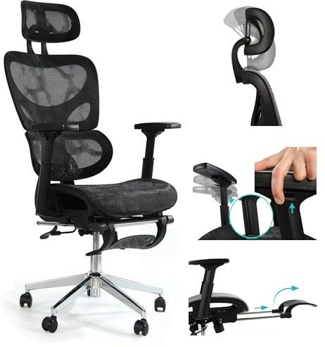sesto senso Bürostuhl Schwarz mit Beinstütze Ergonomisch Schreibtischstuhl mit Lendenwirbelstütze und klappbaren Armlehnen Chefsessel Verstellbarer Kopfstütze K80G Black