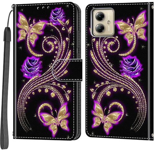 Funda para Motorola Moto G14, Mariposa Dorada | Ranura Tarjeta, Flip Folio Protección Libro, Magnético Carcasa, PU Cuero, Tapa