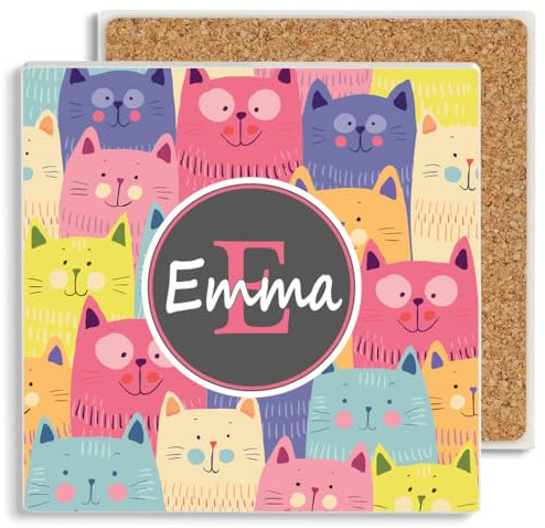 PREZZIFY Personalised Ceramic Cat Coaster – Custom Name & Initial, Durable Cat Lover Gift for Mum Sister Auntie Grandma, 10cm Square