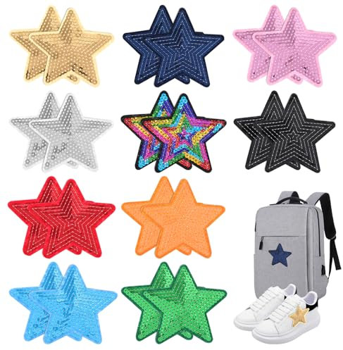 AOZUO 20Pcs Star Iron on Patch, Sequin Colorful Star Patches Glitter Iron On Star Embroidered Patch Adhesive Applique Hot Glue Stars Patches Repair Patch for Hats Clothing Jackets Backpacks (Large)