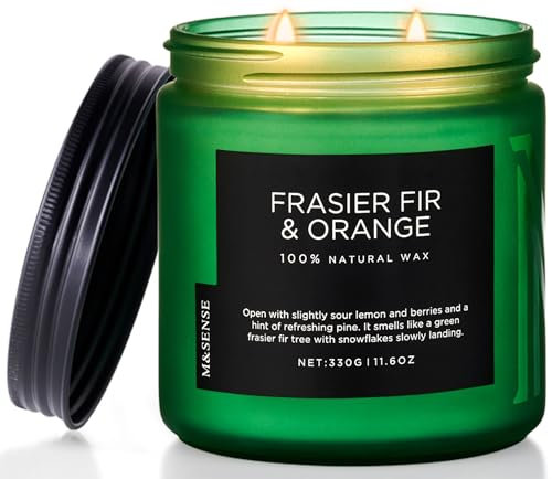 M&SENSE Frasier Fir Orange Scented Candle 330g ungiftige Sojawachskerze für Zuhause bis zu 70 Stunden 2 Baumwolldochte Tannenbaums-Duftglaskerze Weihnachts-Aromatherapiekerze zur Entspannung