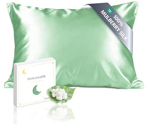 townssilk Federa seta cuscino,100% naturale seta di gelso 19momme,doppia faccia,benefica per capelli e pelle,ipoallergenica,cerniera nascosta,1 pz,50x90cm,Verde