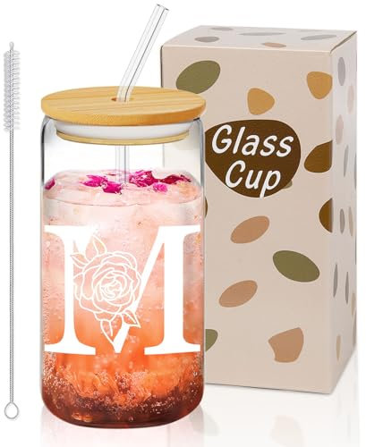 Caossuixin A-Z 26 Initial Glass Cup, 16 oz Glass Cups w/Lids Straws, Gifts for Women, Iced Coffee Tumbler, Personalised Custom Cute Christmas or Birthday Gifts for Mom, Teachers, Friends, Initial M