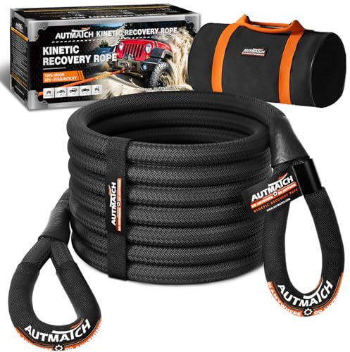AUTMATCH Cuerda de remolque de recuperación cinética de 1 pulgada x 30 pies, cuerda de recuperación de energía resistente de 4700 libras, 35% de elasticidad para vehículos todoterreno 4x4, camión,
