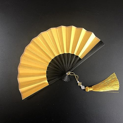 YAOHY 4-6 Inch Mini Folding Fan. Portable Children's Gilded Rice Paper Silk Fans Retro Tassel Portable Hand Fan Foldable(Gold-black,S)