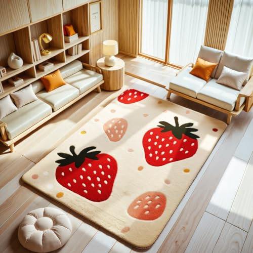 Tospass Kinderteppich Erdbeere Waschbarer Weicher Kunstwolle Kinderzimmer Teppich Mädchen Muster Pastell Kurzflor rutschfest Wohnzimmer Spielteppich, 150x200 cm