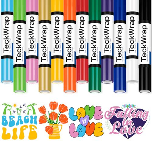 TECKWRAP Heat Transfer Vinyl Roll 12 Colour 12 x 3FT HTV Vinyl Bundle Rainbow Iron on Vinyl for T-Shirts, Clothes, Hats, Bags and Other Textiles