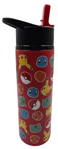 Hox Pokemon Character Faces Drink Bottle 750ml | Reusable BPA-Free Plastic Insulated Sports Bottle with Stainless Steel Flip-Top | Spill Proof & Carry Loop | Keeps Cold for 24hrs & Hot for 12hrs