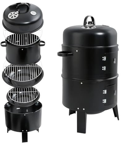 3-in-1 BBQ Smoker Grill Holzkohlegrill mit 3 Grillrosten 80 cm Höhe Multifunktionaler Räucherofen Schwarz