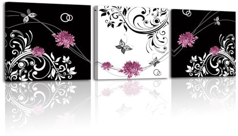 Piy Painting Abstrakte Wandbilder, Gemälde auf Leinwand, Schwarze und weiße Linie mit lila Blumen, Leinwand Wandkunst Bild Für Schlafzimmer Wohnzimmer Cafe Küche, 3 Paneele 30x30 cm