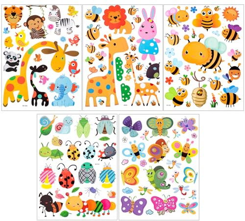 5 Blatt Fensteraufkleber Dschungel Tiere Selbstklebend für Fensterdeko, Cool Frühling Insekten Bienen Jungle Fensterbilder Fenstersticker Fensterfolie für Kinder Junge Schlafzimmer Kinderzimmer Deko
