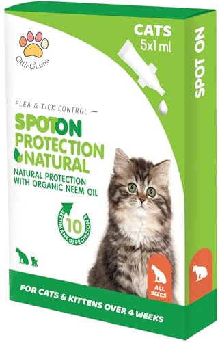 Cat Flea Spot On Drops - Cats & Kittens from 4 Weeks -100% Natural, with Organic Neem Oil - Moisturise Skin, Prevent Fleas, Ticks, Itchy Skin - 5 Pipettes in Plastic-free Sustainable Packaging