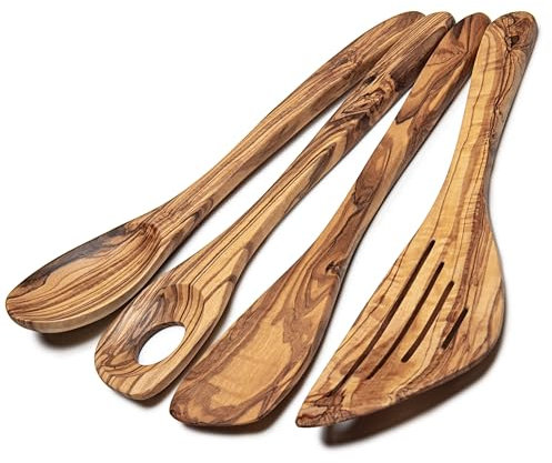 Erreke Ustensiles de Cuisine Bois, Bois d’Olivier Naturel, Cuillere en Bois, Spatule Bois, Fait Main, Set de Cuillères & Spatules en Bois Résistantes à la Chaleur & Durables, Lot de 4 Pièces