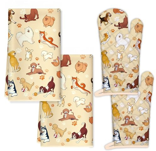 Arquiel Cute Dogs Kitchen Towels and Oven Mitts Set 4Pcs, Soft Absorbent Dish Cloth Heat Resistant Oven Gloves for Cooking Baking Kitchen Decoration, Gifts for Her