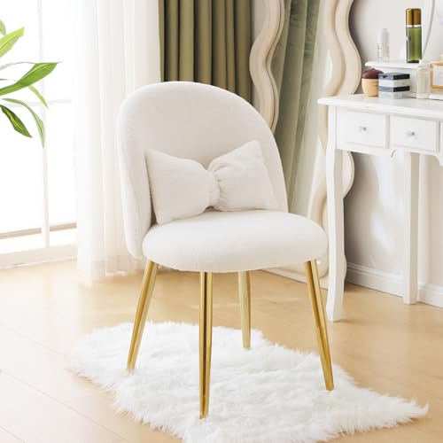 Bonnlo Fauteuil de Salon, Chaise Ergonomique avec Coussin Nœud, Dossier Incurvé sans Accoudoirs, pour Salon, Chambre, Bureau, Peluche Teddy et Bouclé, Blanc, 55 x 48 x 78.5 cm