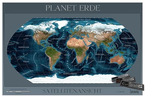 Spravity Weltkarte Inkl. Magnetischen Markierbällen - Satellitenansicht - 135 x 90cm groß – in deutscher Sprache - Bild/Poster – Eisenhaltig - Satellit (Kugeln in Türkis)