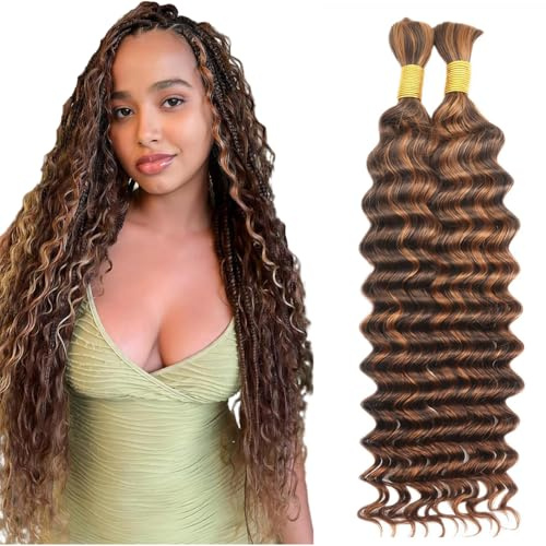 Human Braiding Hair P4/30 Highlight Brown Deep Wave Virgin Unprocessed No Weft 2 Bundles/Pack Boho Braids Human Hair Extensions 12 12 Inch 50g/Bundles
