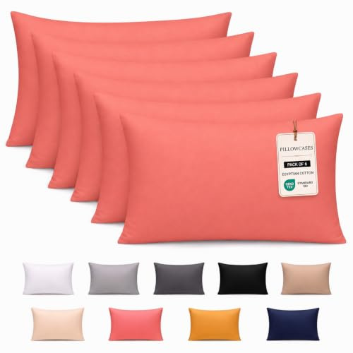 Pamposh 300 Thread Count 100% Egyptian Cotton Pillow Cases 6 Pack Breathable Ultrasoft Coral Pillow Covers
