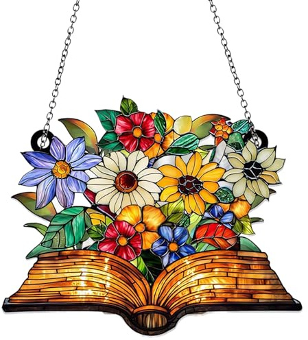 Buchblume Sonnenfänger, Farbe Acryl Hängedeko Fenster, Stilvolles Fensterdeko für Haus, Garten & Outdoor, Tolles Fensterdeko Hängend Geschenke für Leseratten, Familie und Freunde