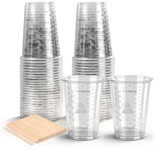 Epoxy Resin Mixing Cups 240ml/8oz 50PCS Plastic Measuring Cups for Liquids Resin Mixer Cups Jugs with Scale, Measuring Cups with 50 Wooden Sticks, Clear Epoxy Resins Measuring Jugs Paint Mixing Cups