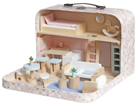 Tragbares Puppenhaus im Koffer Rosa – Puppenhaus für unterwegs mit 2 Etagen & viel Zubehör aus Holz – liebevoll gestaltetes Reisespielhaus in Pastellfarben für Kinder