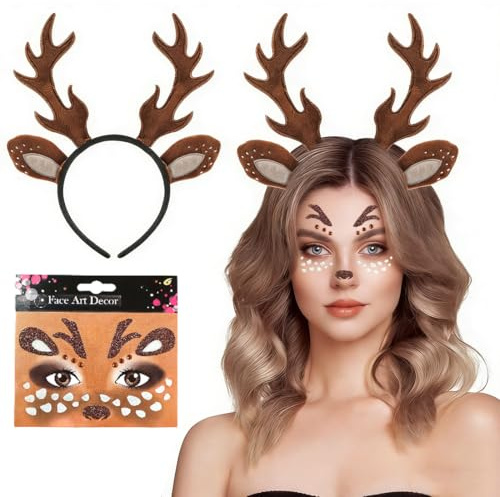 OPVYAEU Reh Kostüm Set für Damen – inkl. Reh Haarreif und Glitzer Gesichtspatches, perfekt für Halloween, Karneval, Fasching und Party