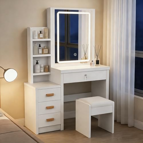 Oyajia Tocador de Maquillaje con Luz LED y Taburete y Espejo Deslizante | Tocador Blanco con Espejo, Moderno, Mesa de Maquillaje con Estantes Abiertos y 4 Cajones, para Dormitorio, Salón, 135x80x36cm