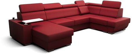 O-Sofa Wohnlandschaft Kongo RBN20, Eckcouch in U-Form mit Schlaffunktion, Farbe: Rot, Kunstleder, Ottomane Links