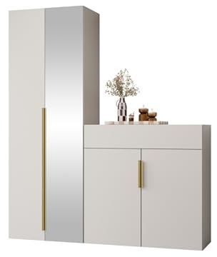 Mirjan24 Garderobe-Set Kerkin II, Kleiderschrank mit Spiegel + Kommode, Flurgarderobe, Wandgarderobe (Sandbeige)