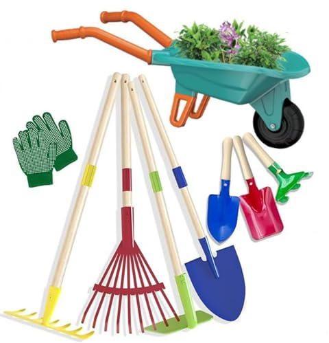 Racocou Kids Metal Wheelbarrow & Garden Tool Set, Beach Sand Toys, Outdoor Educational Pretend Play, Preschool Sensory Training,Blue