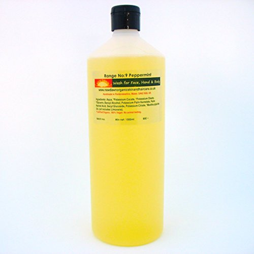 New Dawn Natural & Organic Peppermint Face, Hand & Body Wash - 83% Organic | Vegan - Range No.9 - Shower Gel/Liquid Soap - Sizes 25ml/100ml/250ml/1ltr (1000 Milliliters)