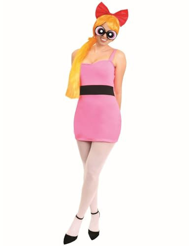 Ladies Powerpuff Girl Blossom Costume - X-Small - Pink Dress with Black Stripe, Wig, Bow Headband, Glasses, White Tights - Adults Cartoon TV Show Fancy Dress